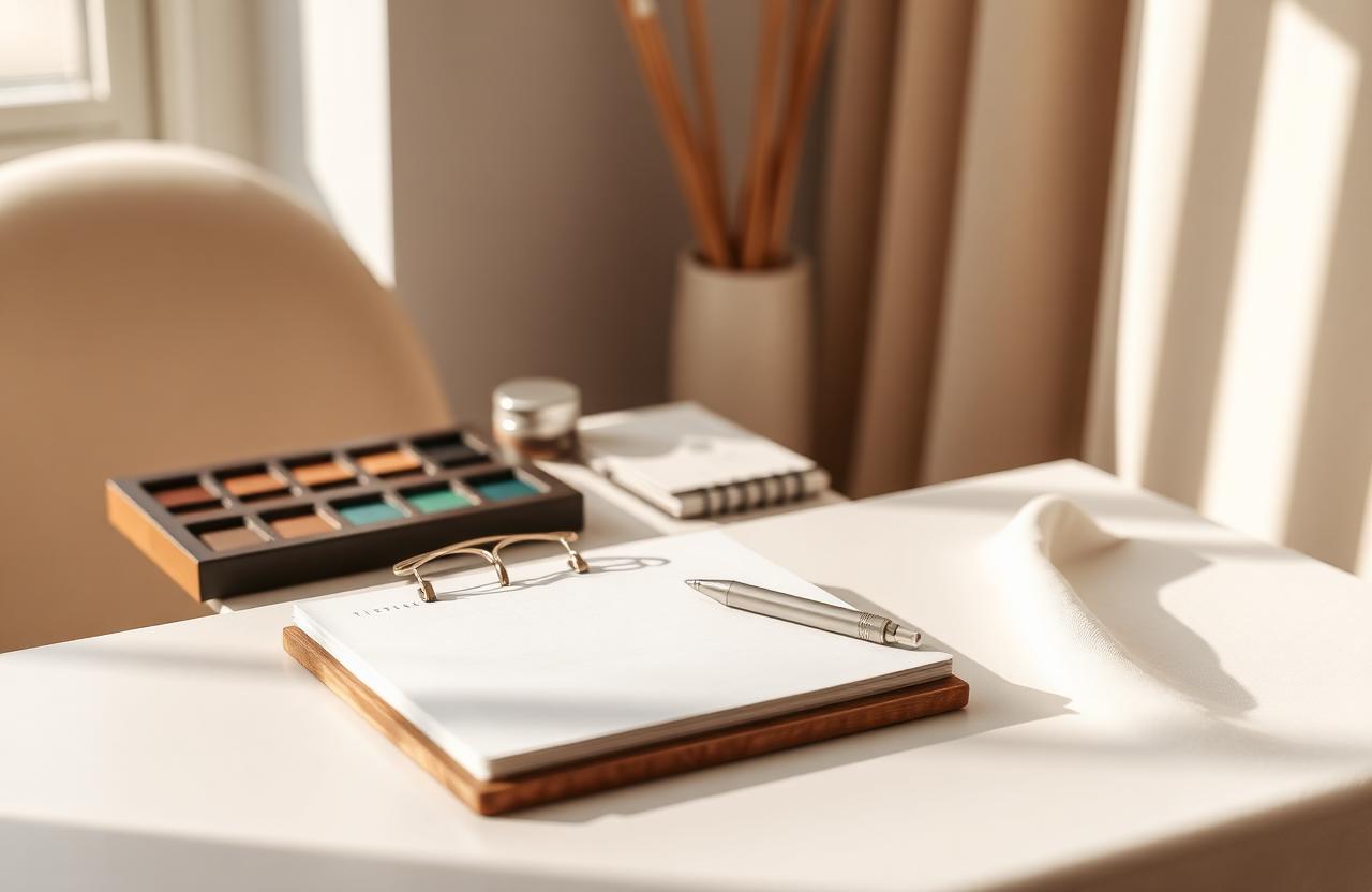 Quiet consultation desk with notepad and pigment palette