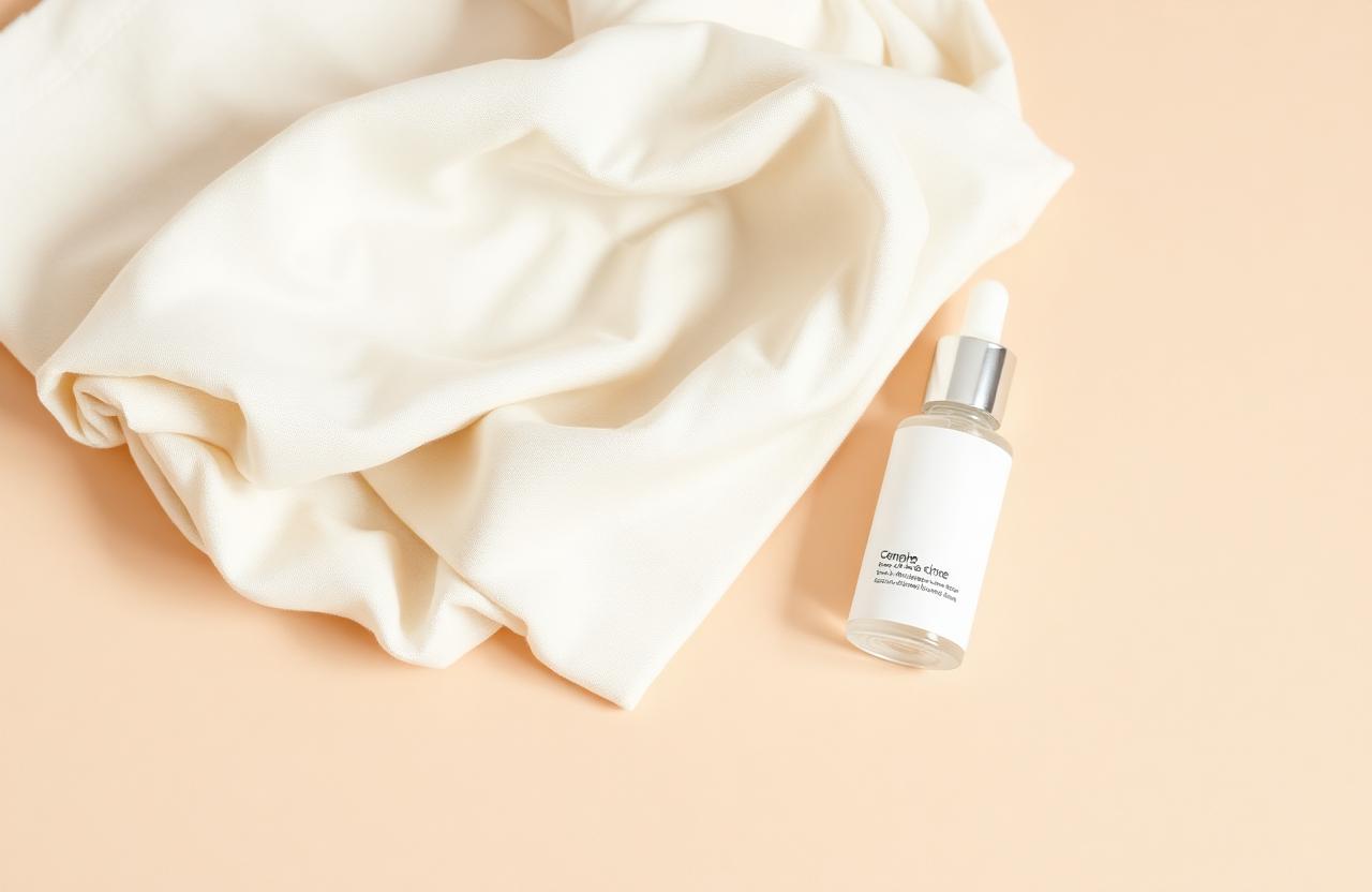 Folded cream linen with a small skincare bottle representing aftercare and healing